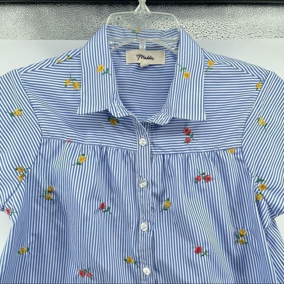 Maddie Girl’s Striped Floral Embroidered Button Front Short Sleeve Shirt XL - Picture 6 of 13